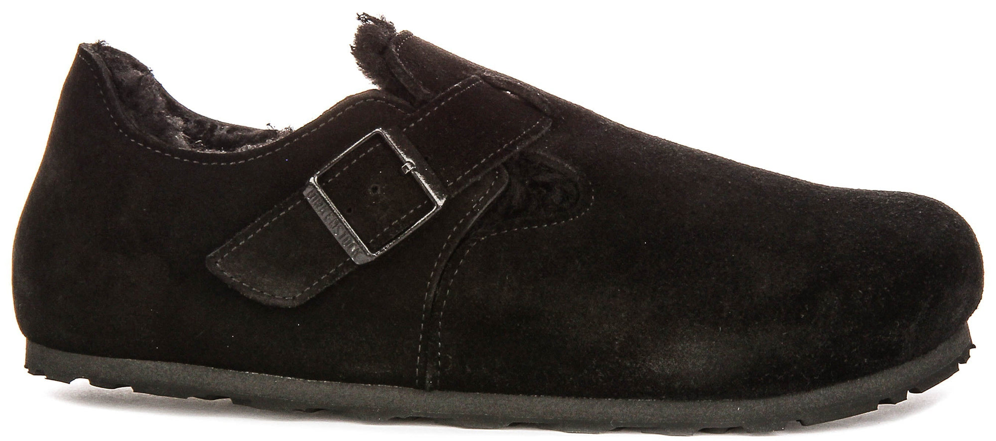 Zoccoli Birkenstock London | Pelle scamosciata nera con fodera in shearling da donna - calzata regolare