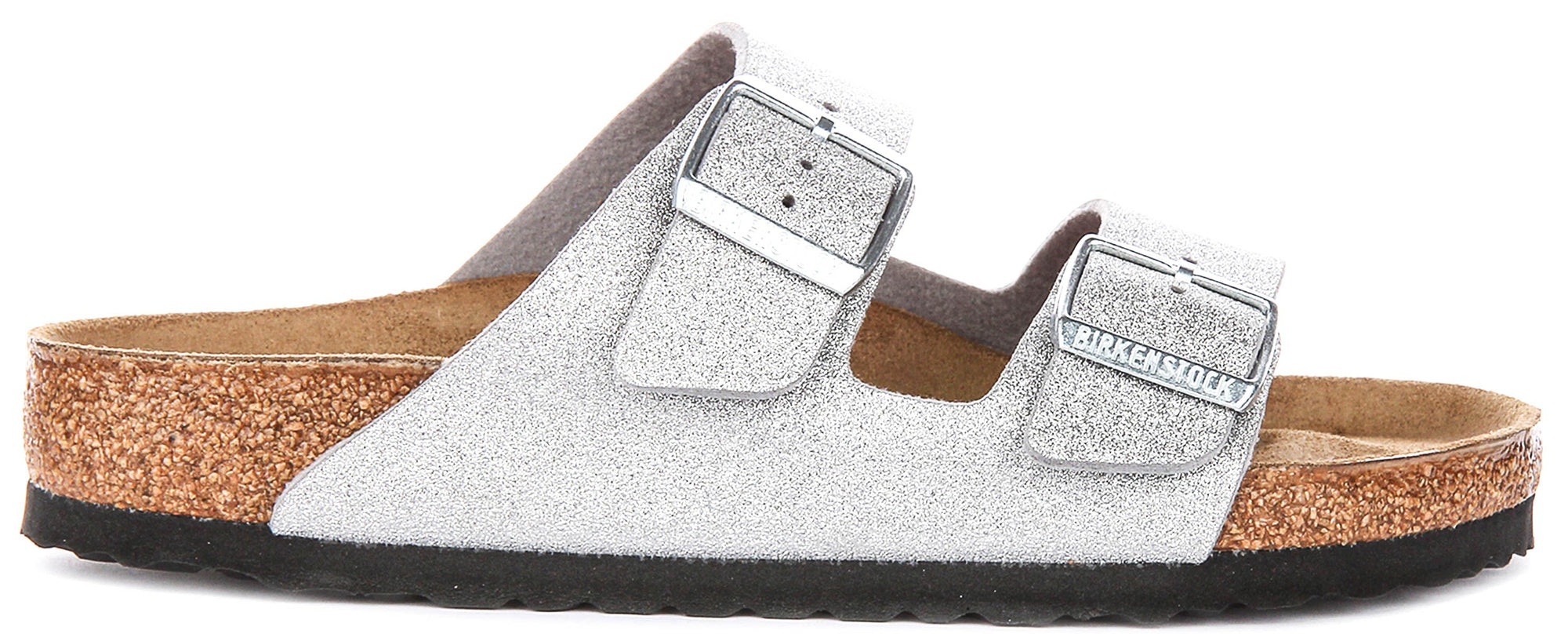 Sandales Birkenstock Arizona | en Birko-Flor argent métallisé – finition métallisée pour femmes – largeur normale