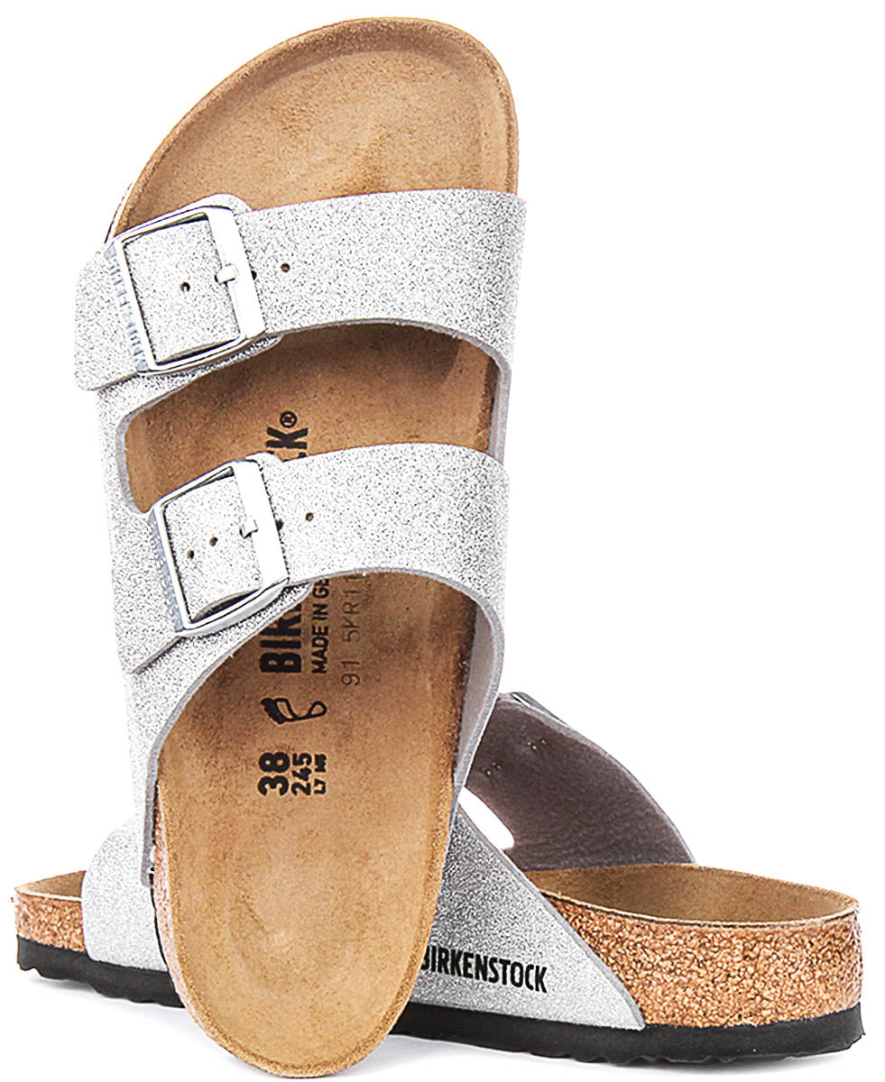 Sandales Birkenstock Arizona | en Birko-Flor argent métallisé – finition métallisée pour femmes – largeur normale