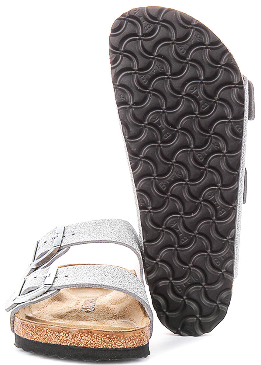 Sandales Birkenstock Arizona | en Birko-Flor argent métallisé – finition métallisée pour femmes – largeur normale