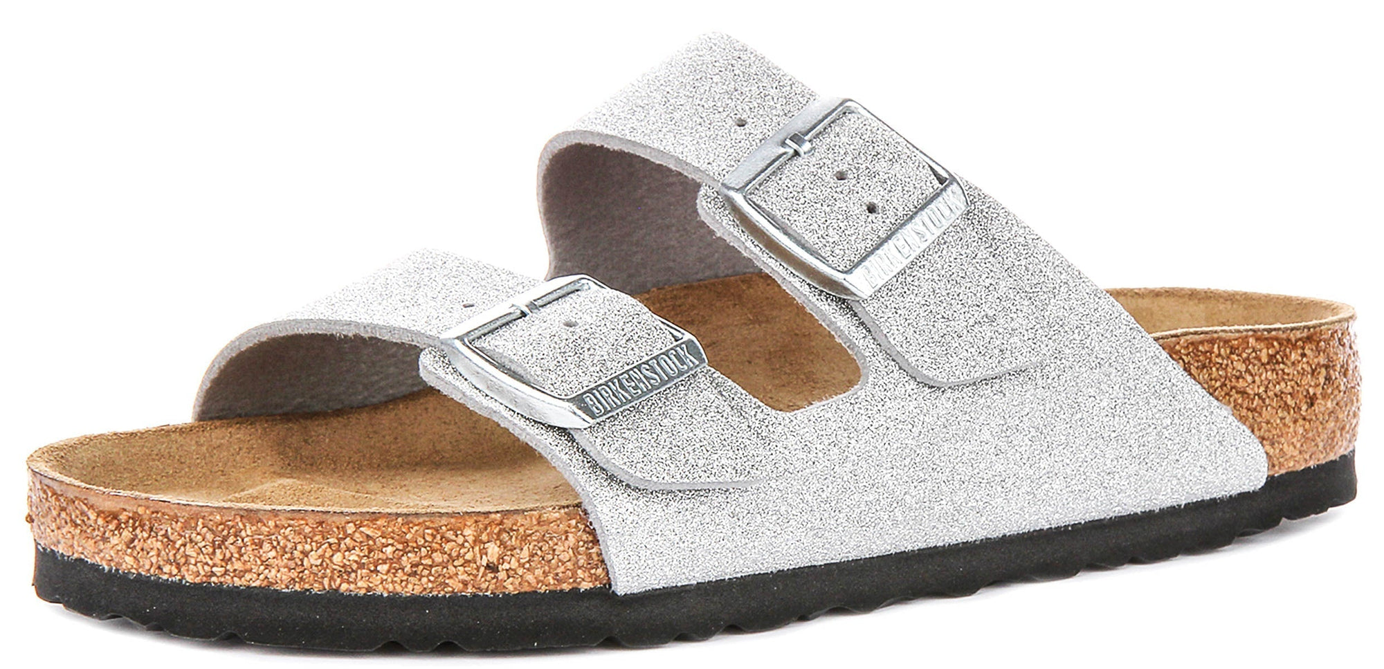 Sandales Birkenstock Arizona | en Birko-Flor argent métallisé – finition métallisée pour femmes – largeur normale