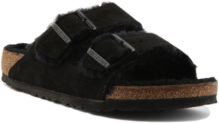 Birkenstock Arizona-sandaler | Svart mocka med fårskinnsfoder för kvinnor