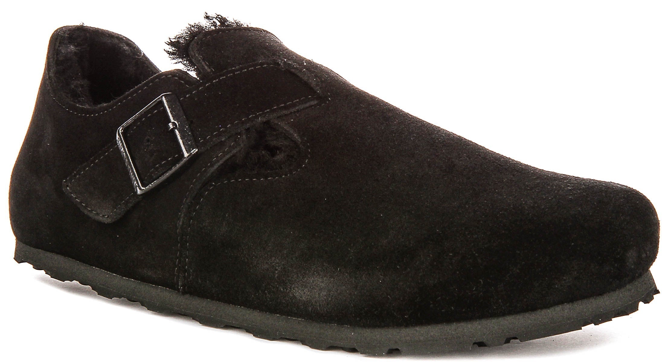 Zoccoli Birkenstock London | Pelle scamosciata nera con fodera in shearling da donna - calzata regolare