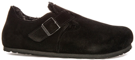 Zoccoli Birkenstock London | Pelle scamosciata nera con fodera in shearling da donna - calzata regolare