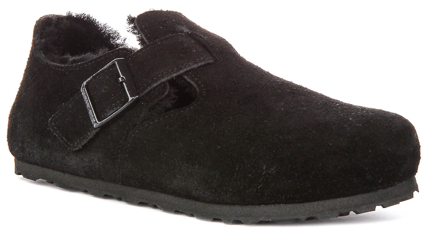 Birkenstock London-klompen | zwart suède met voering van lamsvacht voor heren en dames – smalle pasvorm