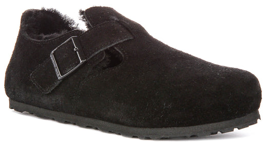Birkenstock London-klompen | zwart suède met voering van lamsvacht voor heren en dames – smalle pasvorm