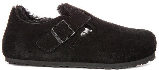 Birkenstock London-klompen | zwart suède met voering van lamsvacht voor heren en dames – smalle pasvorm