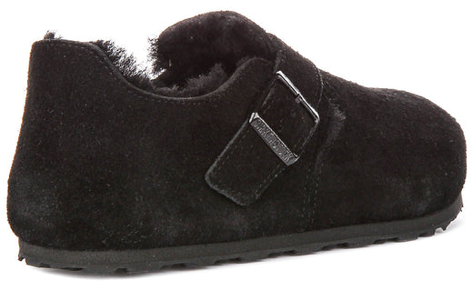 Birkenstock London-klompen | zwart suède met voering van lamsvacht voor heren en dames – smalle pasvorm