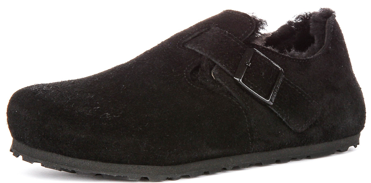 Birkenstock London-klompen | zwart suède met voering van lamsvacht voor heren en dames – smalle pasvorm