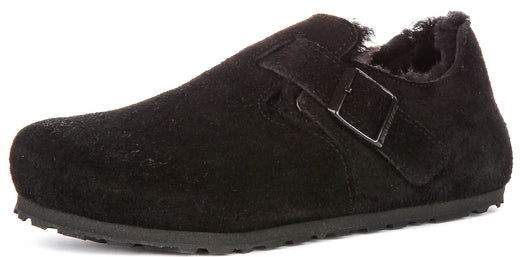 Birkenstock London-klompen | zwart suède met voering van lamsvacht voor heren en dames – smalle pasvorm
