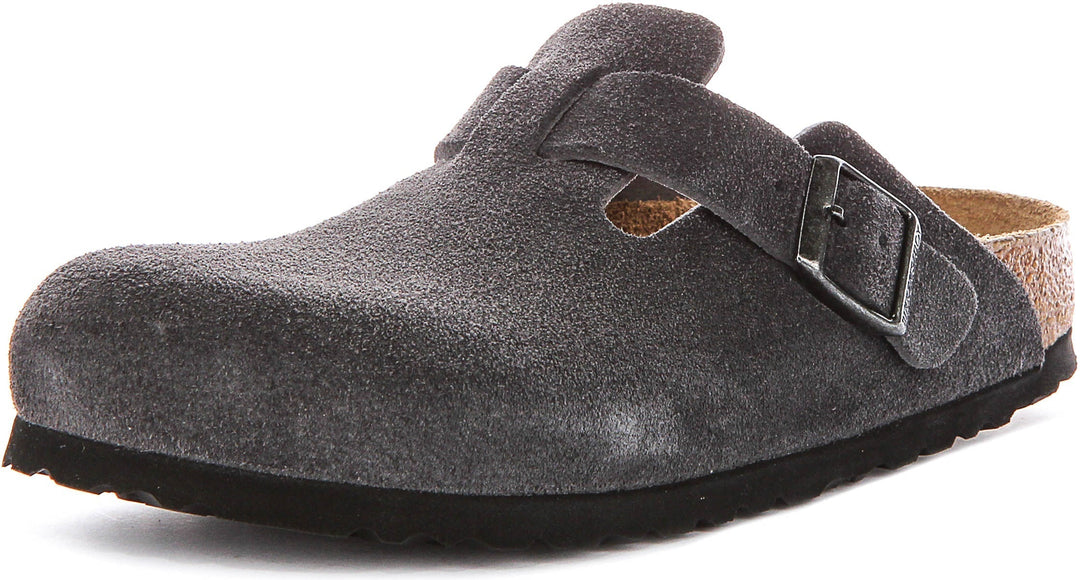 Birkenstock Boston Clogs | Charcoal suede leather for Men and Women - Narrow Fit