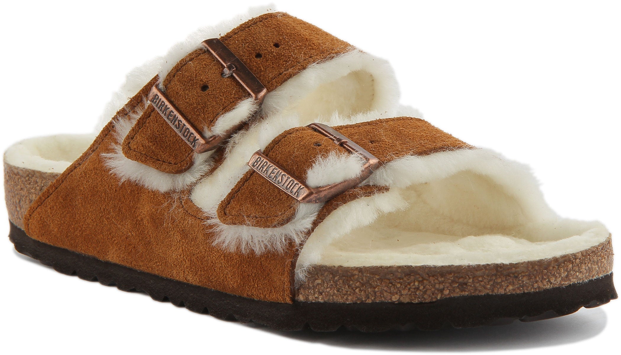 Sandali Birkenstock Arizona | Pelle scamosciata color visone con fodera in pelliccia di agnello da donna