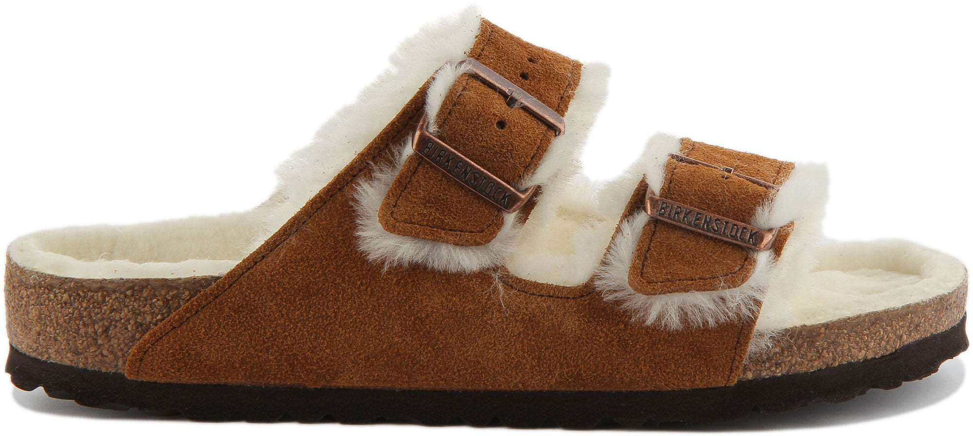 Sandali Birkenstock Arizona | Pelle scamosciata color visone con fodera in pelliccia di agnello da donna