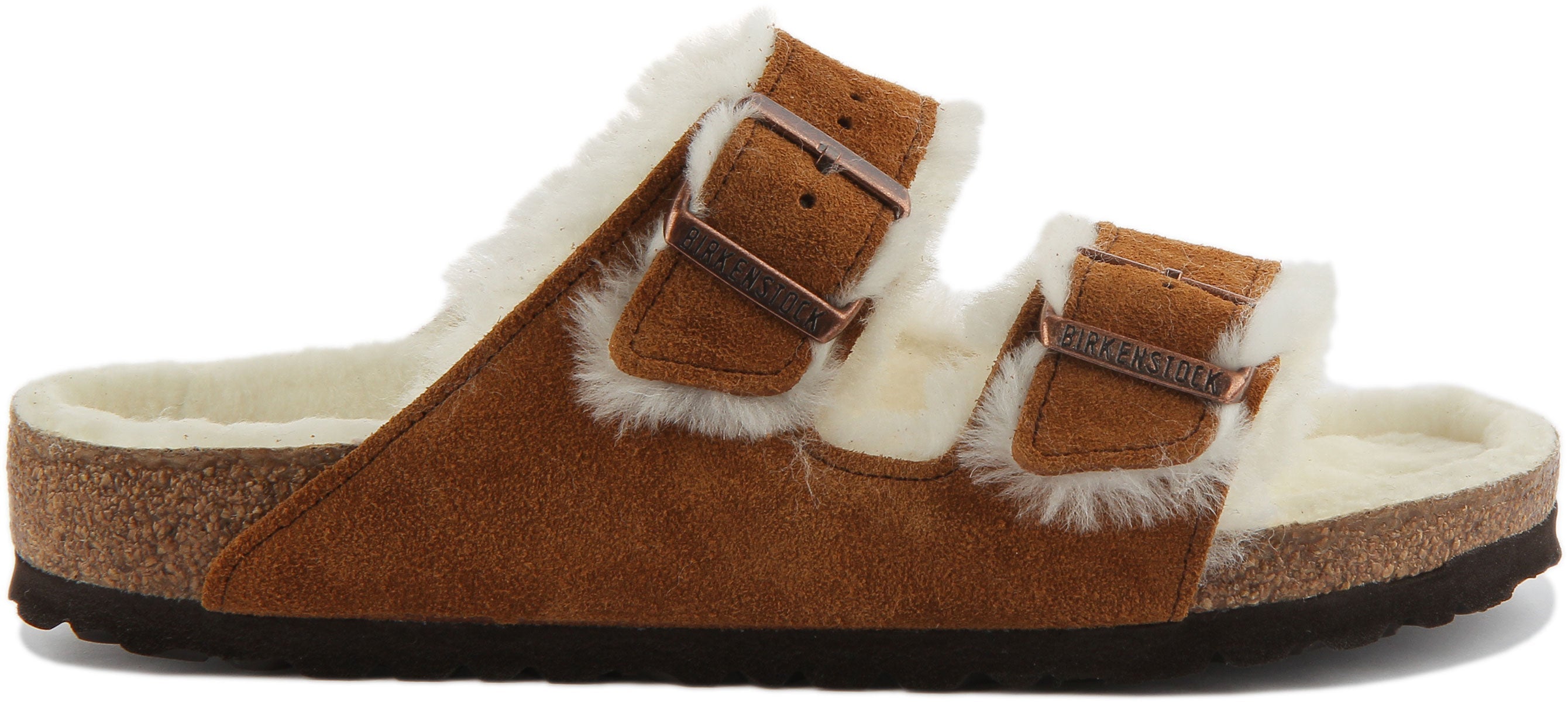Sandali Birkenstock Arizona | Pelle scamosciata color visone con fodera in pelliccia di agnello da donna