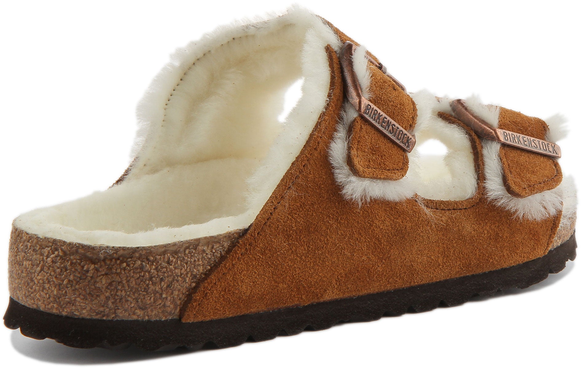 Sandali Birkenstock Arizona | Pelle scamosciata color visone con fodera in pelliccia di agnello da donna