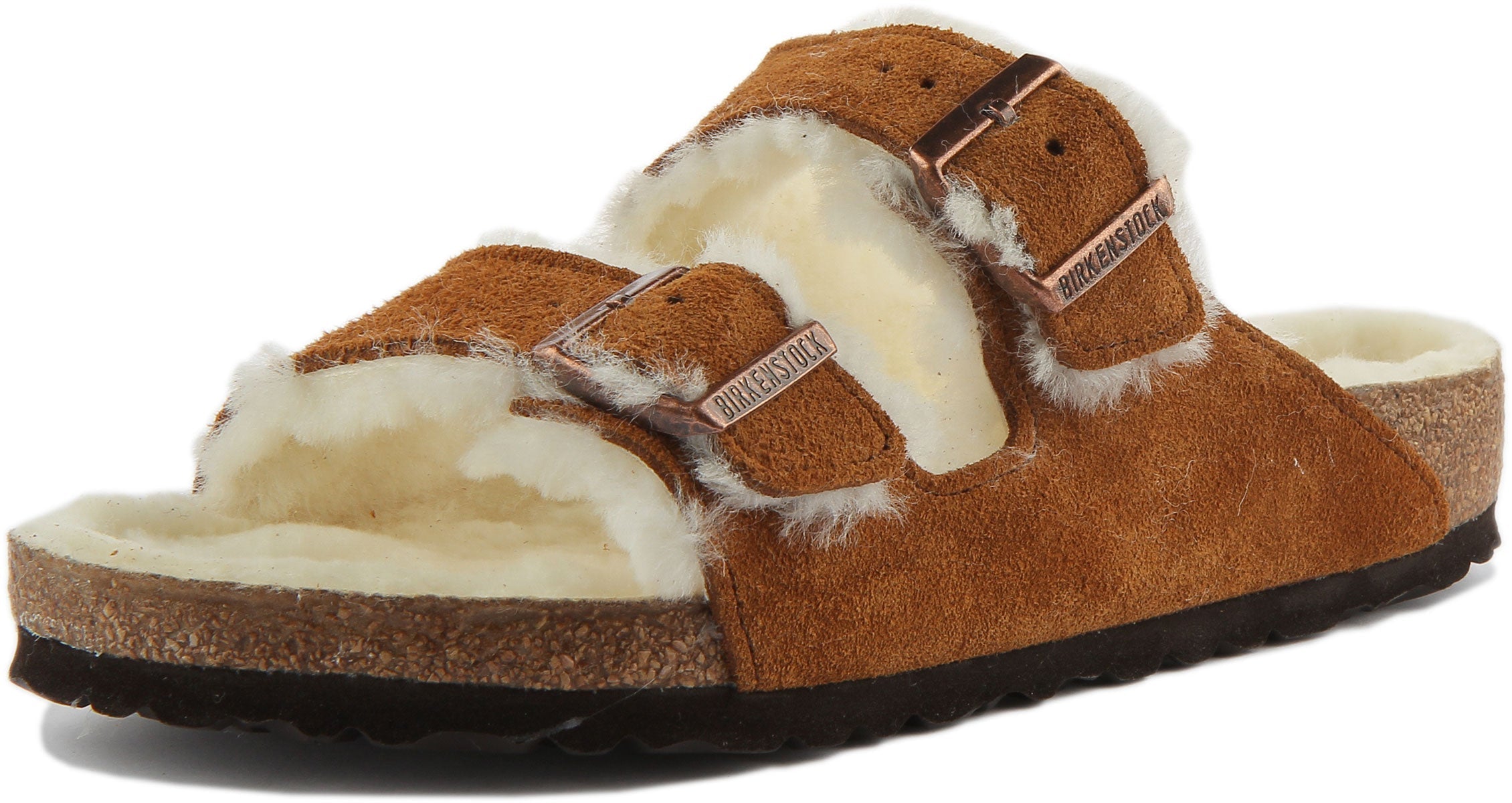 Sandali Birkenstock Arizona | Pelle scamosciata color visone con fodera in pelliccia di agnello da donna