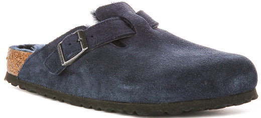 Birkenstock Boston-klompen | marineblauw suède met voering van lamsvacht voor dames – normale pasvorm