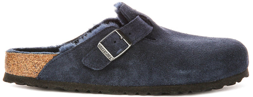 Birkenstock Boston-klompen | marineblauw suède met voering van lamsvacht voor dames – normale pasvorm