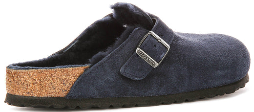 Birkenstock Boston-klompen | marineblauw suède met voering van lamsvacht voor dames – normale pasvorm