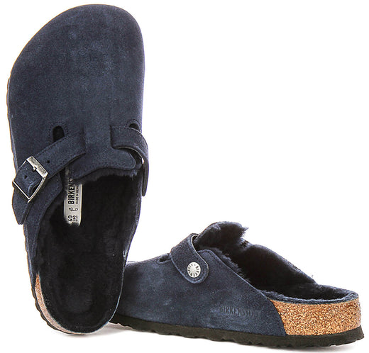 Birkenstock Boston-klompen | marineblauw suède met voering van lamsvacht voor dames – normale pasvorm