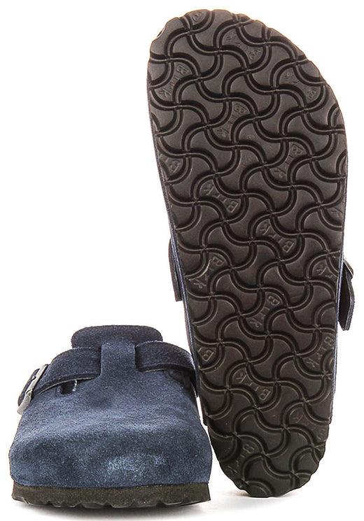 Birkenstock Boston-klompen | marineblauw suède met voering van lamsvacht voor dames – normale pasvorm