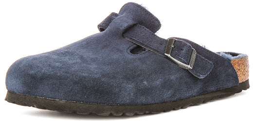 Birkenstock Boston-klompen | marineblauw suède met voering van lamsvacht voor dames – normale pasvorm