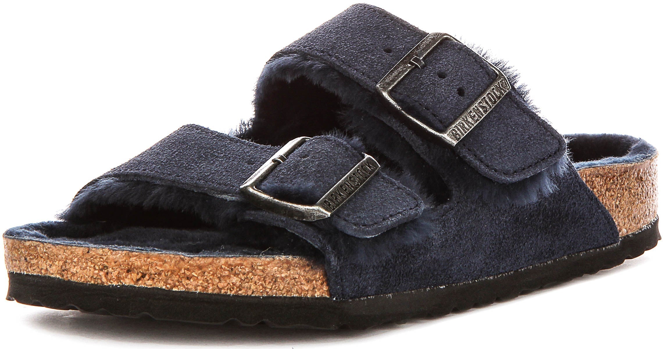 Sandales Birkenstock Arizona | en daim bleu marine doublé de peau lainée pour femmes – largeur normale
