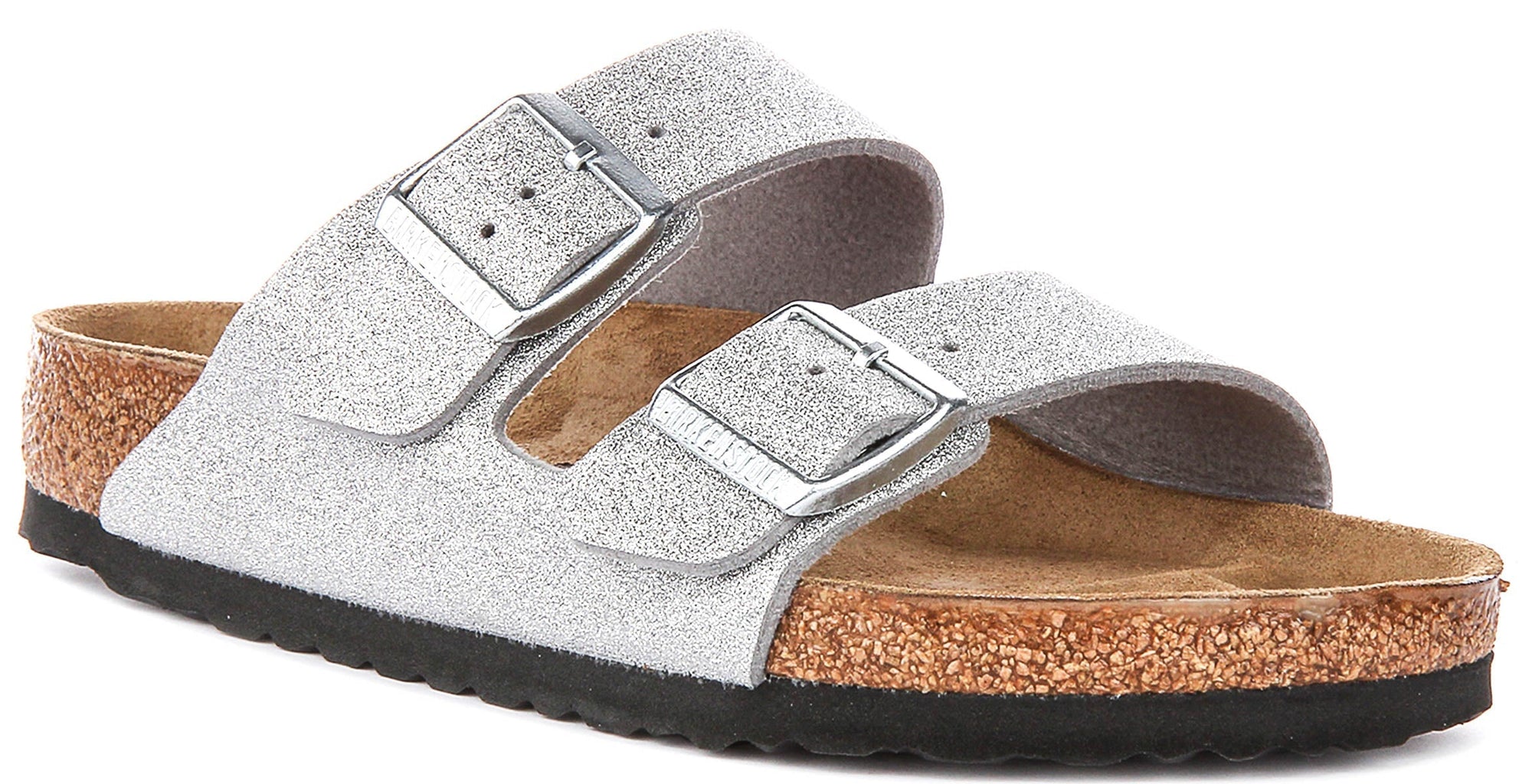 Sandales Birkenstock Arizona | en Birko-Flor argent métallisé – finition métallisée pour femmes – largeur normale