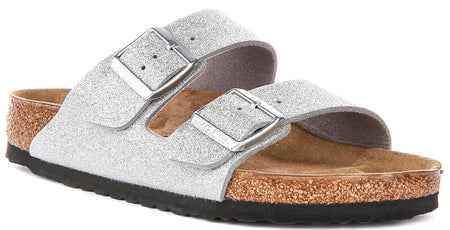 Sandales Birkenstock Arizona | en Birko-Flor argent métallisé – finition métallisée pour femmes – largeur normale