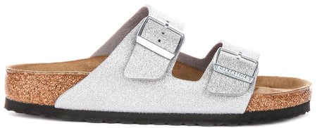 Sandales Birkenstock Arizona | en Birko-Flor argent métallisé – finition métallisée pour femmes – largeur normale