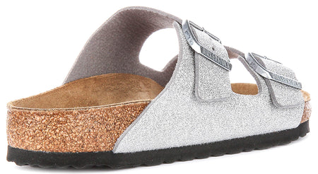 Sandales Birkenstock Arizona | en Birko-Flor argent métallisé – finition métallisée pour femmes – largeur normale