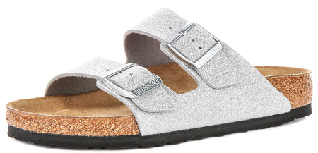 Sandales Birkenstock Arizona | en Birko-Flor argent métallisé – finition métallisée pour femmes – largeur normale