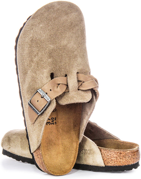 Sabots Birkenstock Boston | Cuir suédé taupe - bride tressée pour femmes