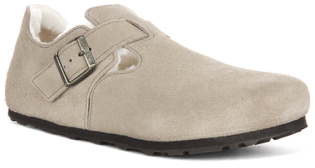 Birkenstock London clogs | Taupe suède met voering van schapenvacht voor dames