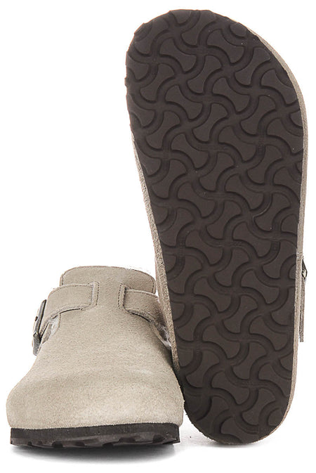 Birkenstock London clogs | Taupe suède met voering van schapenvacht voor dames