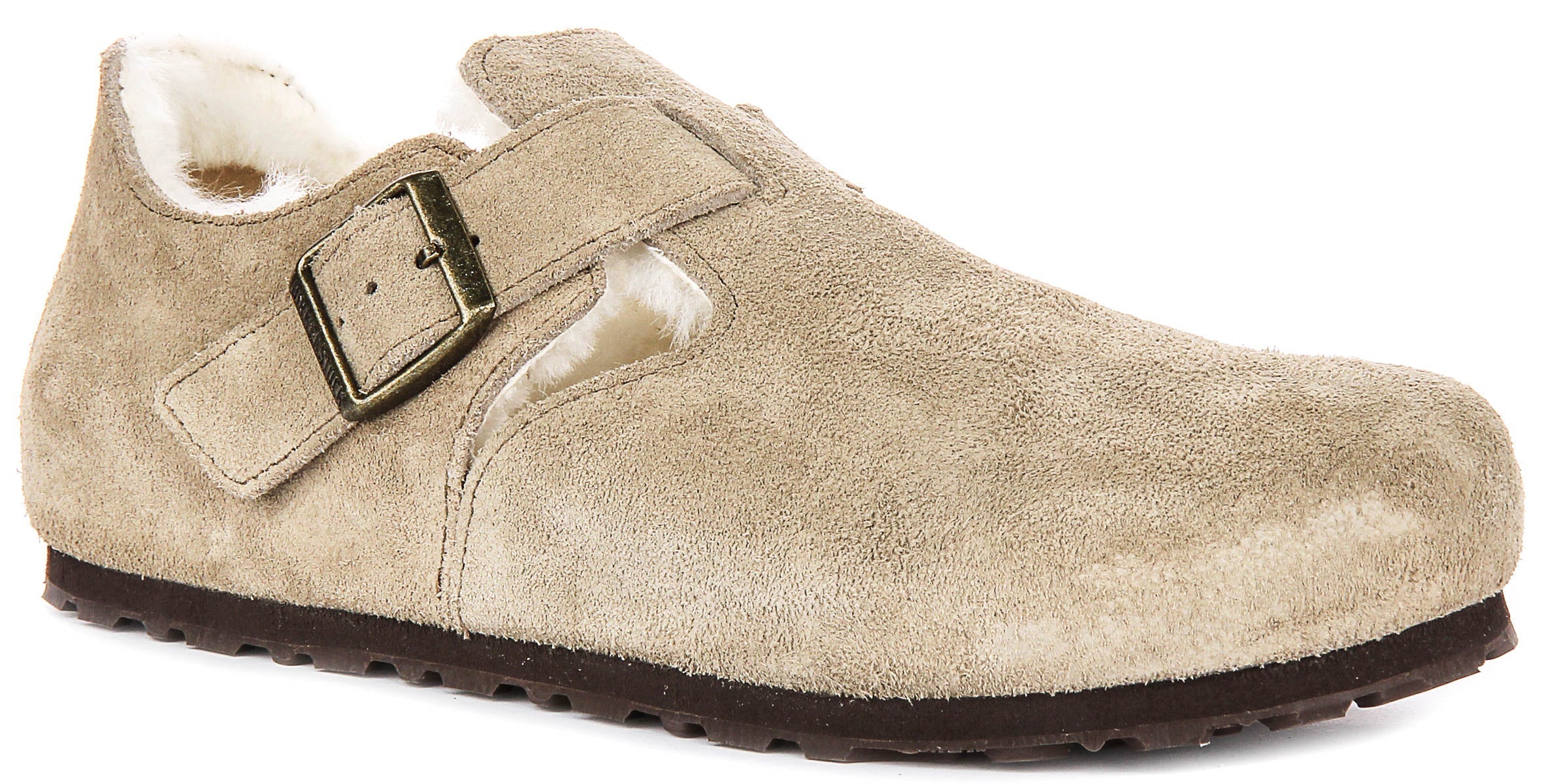 Birkenstock London-klompen | taupekleurig suède met voering van lamsvacht voor heren en dames – smalle pasvorm