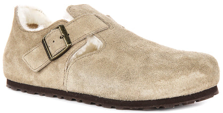 Birkenstock London-klompen | taupekleurig suède met voering van lamsvacht voor heren en dames – smalle pasvorm