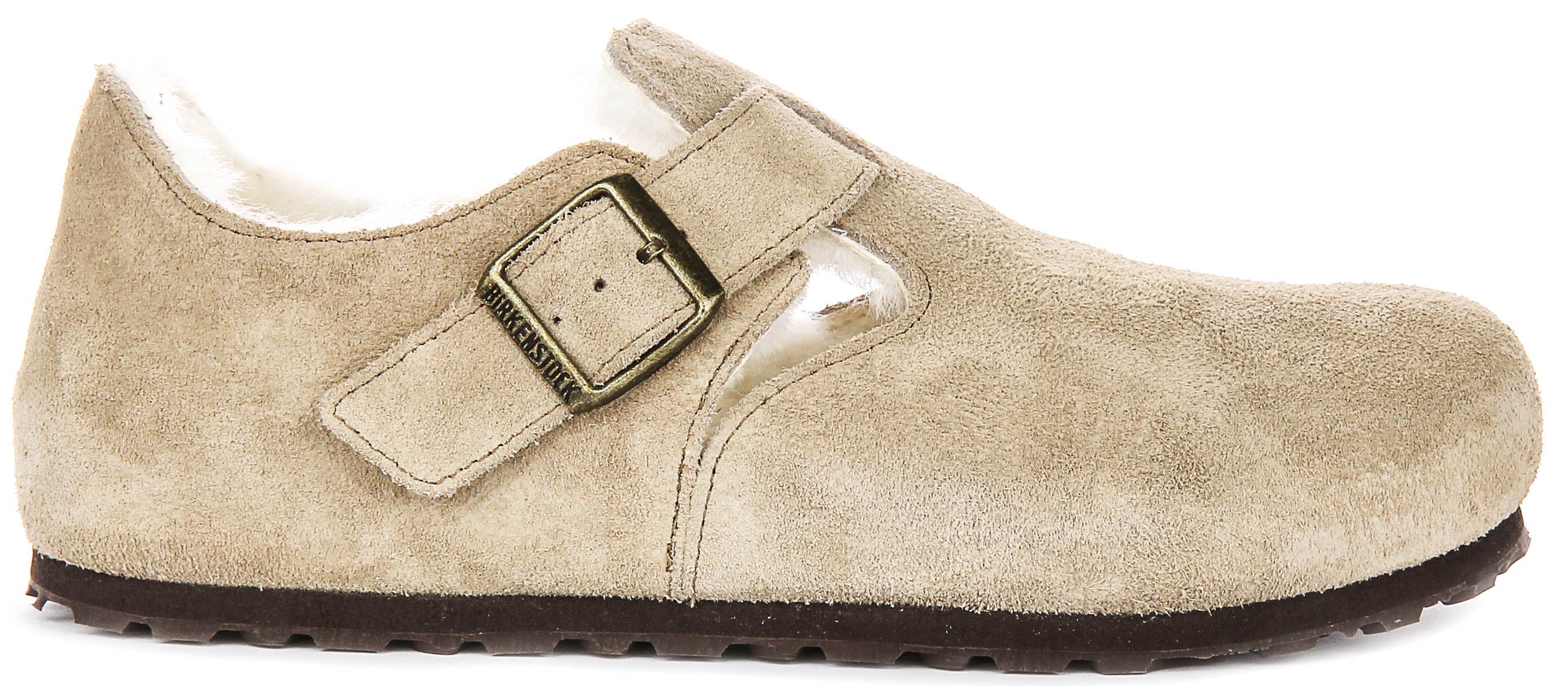 Birkenstock London-klompen | taupekleurig suède met voering van lamsvacht voor heren en dames – smalle pasvorm