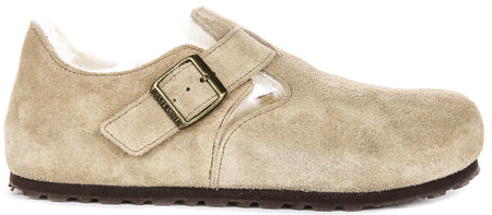 Birkenstock London-klompen | taupekleurig suède met voering van lamsvacht voor heren en dames – smalle pasvorm