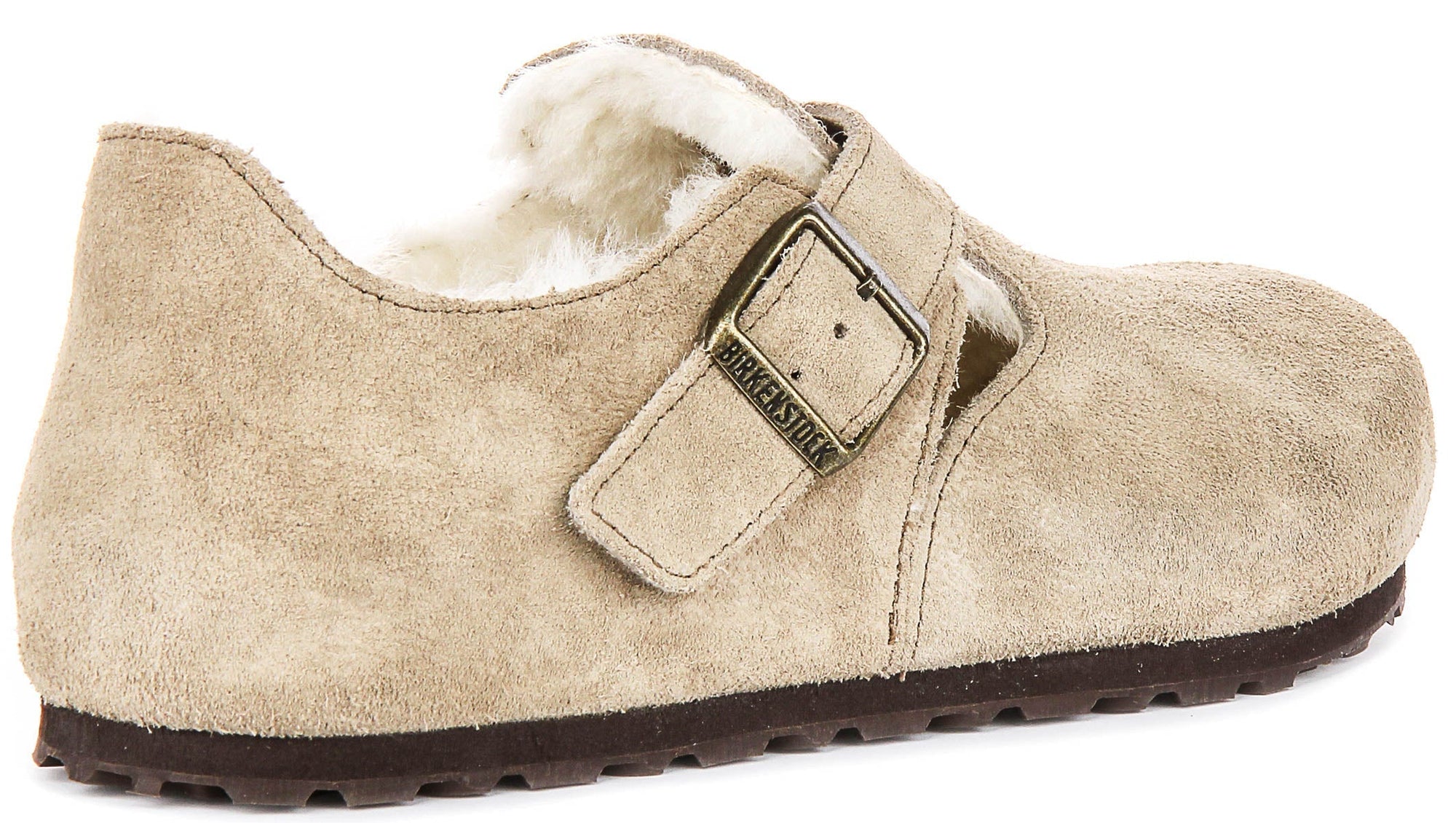 Birkenstock London-klompen | taupekleurig suède met voering van lamsvacht voor heren en dames – smalle pasvorm