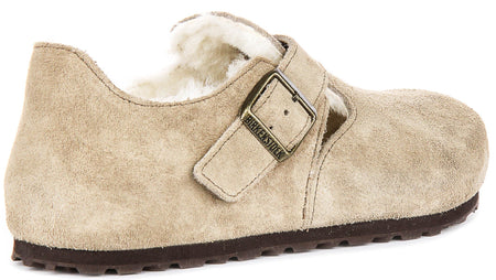 Birkenstock London-klompen | taupekleurig suède met voering van lamsvacht voor heren en dames – smalle pasvorm