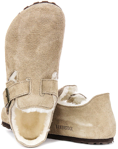 Birkenstock London-klompen | taupekleurig suède met voering van lamsvacht voor heren en dames – smalle pasvorm