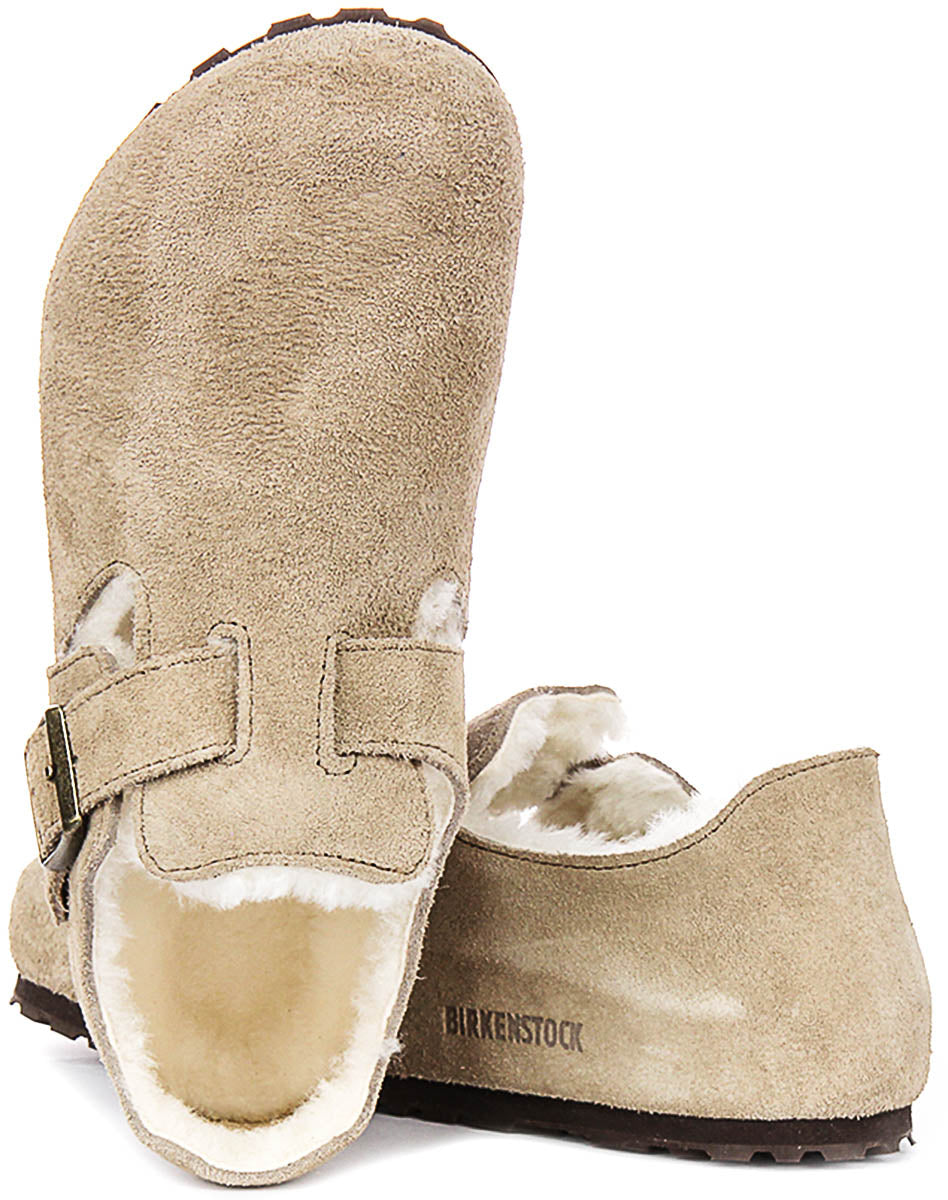 Birkenstock London-klompen | taupekleurig suède met voering van lamsvacht voor heren en dames – smalle pasvorm