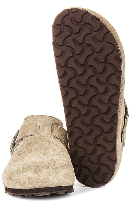 Birkenstock London-klompen | taupekleurig suède met voering van lamsvacht voor heren en dames – smalle pasvorm