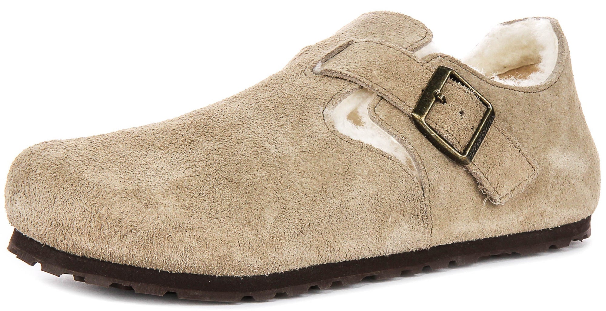 Birkenstock London-klompen | taupekleurig suède met voering van lamsvacht voor heren en dames – smalle pasvorm