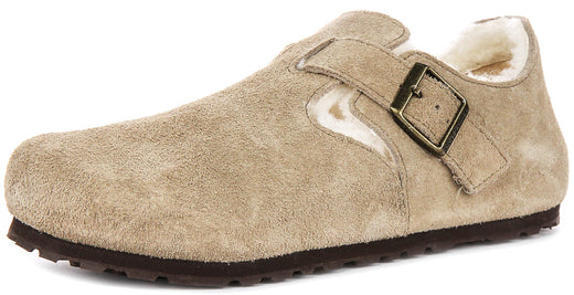 Birkenstock London-klompen | taupekleurig suède met voering van lamsvacht voor heren en dames – smalle pasvorm