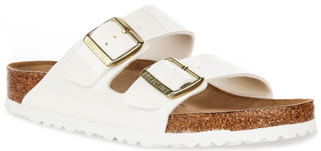 Sandales Birkenstock Arizona | en cuir à finition vernie blanche pour femmes – largeur normale