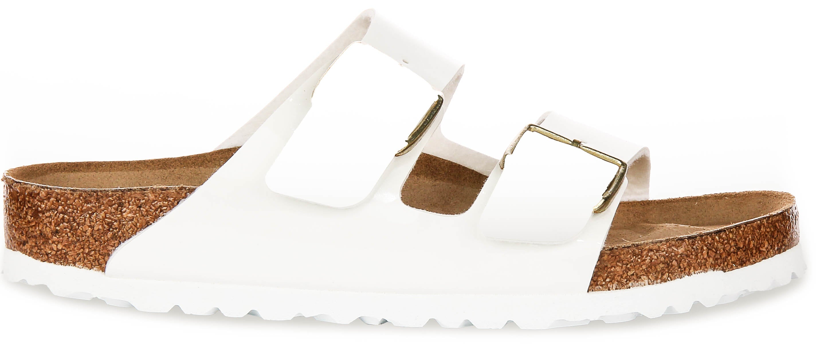 Sandales Birkenstock Arizona | en cuir à finition vernie blanche pour femmes – largeur normale