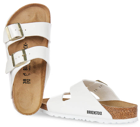 Sandales Birkenstock Arizona | en cuir à finition vernie blanche pour femmes – largeur normale